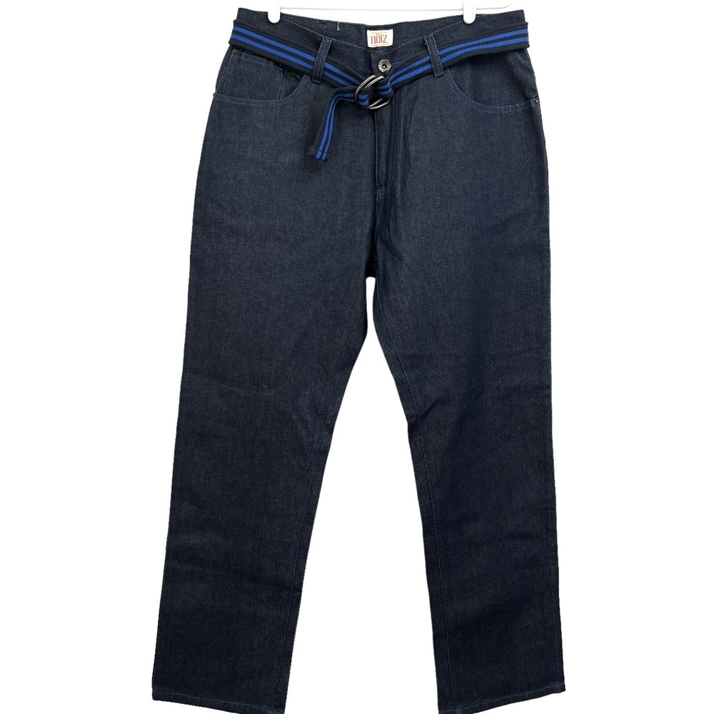 NWOT NOIZ PREMIUM Men's Straight Leg Belted Blue Cotton Denim Jeans Size 38x34